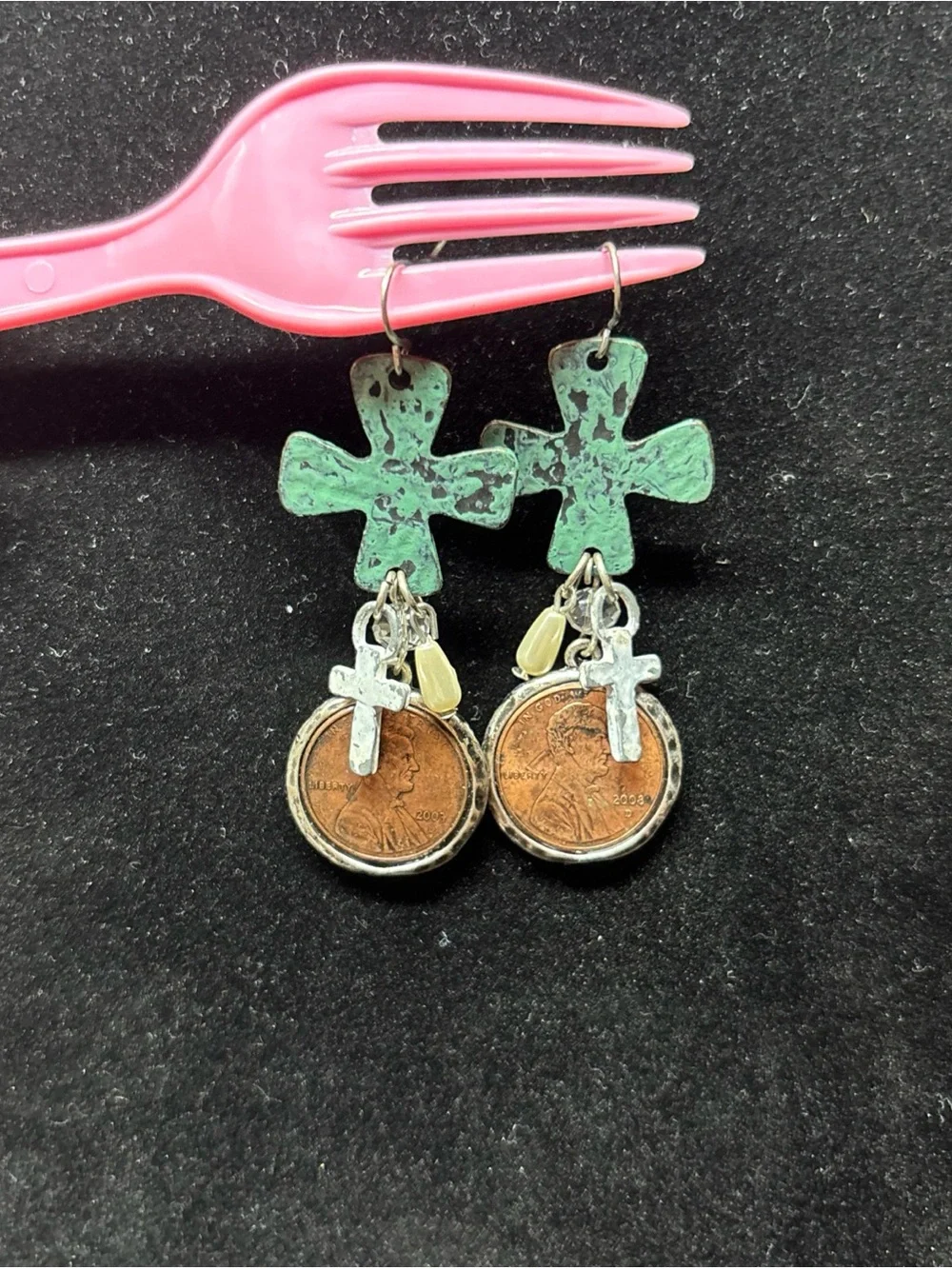 Handmade Green Cross and Penny Drop Earrings - Women Jewelry